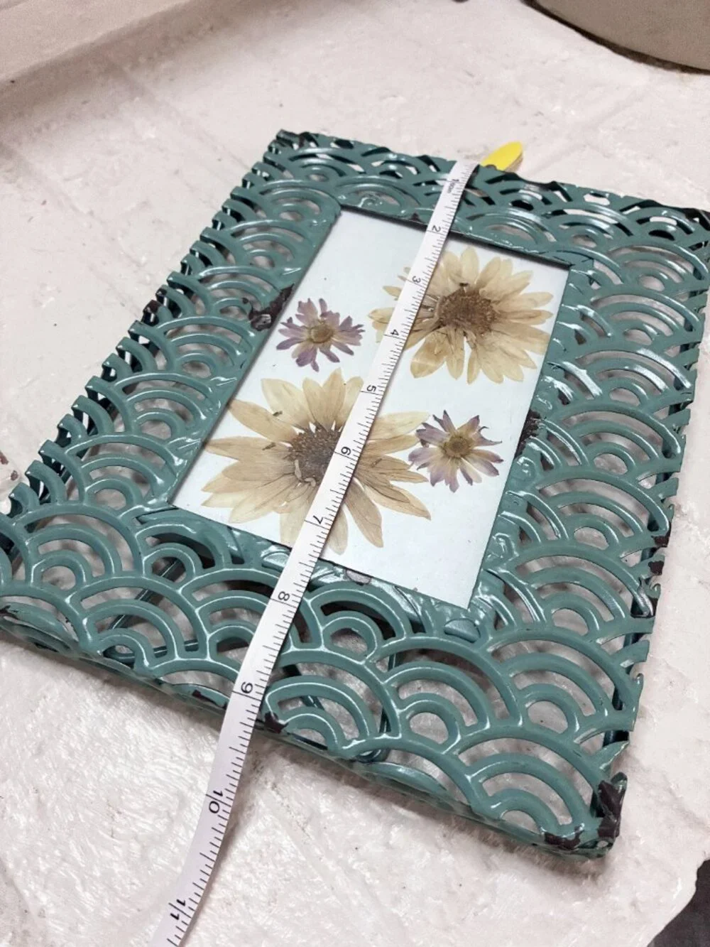Distressed Teal Metal Arch Scale Frame w/ Pressed Flowers - Cottagecore